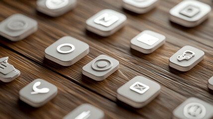 A white die with black lettering on each face showing an @ symbol, phone, and email symbols
