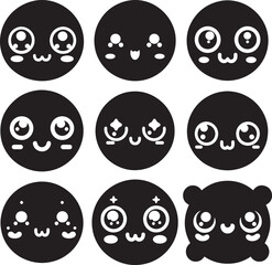 Kawaii Emoji face set with cute round eyes and small cheeks in silhouette vector illustration design
