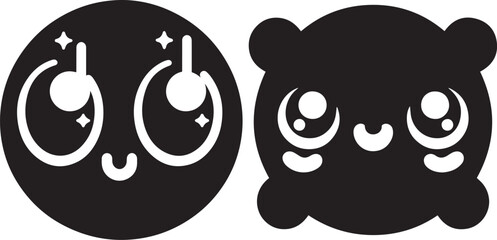 Fototapeta premium Kawaii Emoji face set with cute round eyes and small cheeks in silhouette vector illustration design