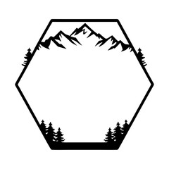 Hexagon Mountain Landscape Frame with Pine Trees Graphic Design Element