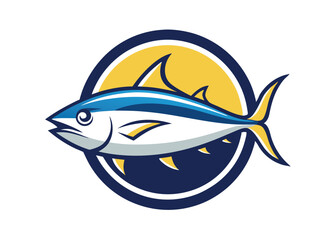 Blue fish logo. Tuna fish vector art still life painting flat illustration
