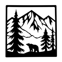 Monochromatic Silhouette of a Bear in a Mountain Forest Landscape