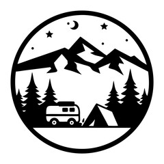 Circular camping emblem with mountains, trees, campervan, tent, and starry night