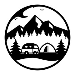 Camping adventure under the mountains with camper and tent vector illustration