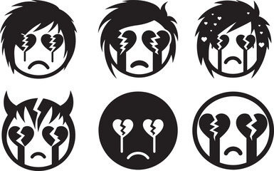 Gothic Emoji face set with broken hearts in flat silhouette vector illustration design