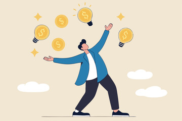Idea to make money, entrepreneur to invent and make profit from new idea, investing strategy or creativity to earn money concept, businessman entrepreneur juggling lightbulb and money dollar coin.
