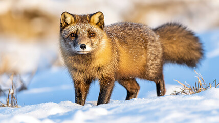 Fototapeta premium beautiful fox stands snowy landscape, showcasing its thick fur and alert expression. sunlight highlights its features