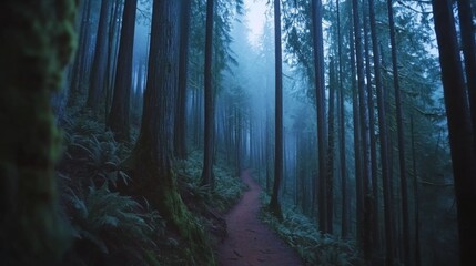 Fototapeta premium A misty evergreen forest reveals a winding dirt path surrounded by tall trees as pale sunlight pierces through the dense fog at dawn