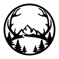 Silhouette of a Deer Antler and Mountain Landscape in a Circular Frame