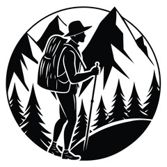 Silhouette Hiker With Backpack & Hiking Stick on Mountain Landscape Circle Design