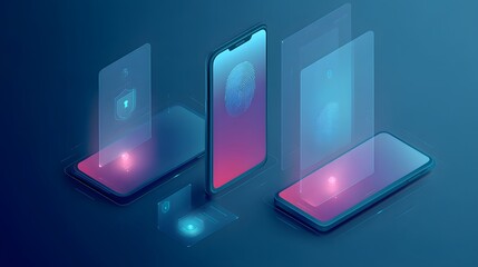 Secure mobile banking interfaces with multi-layered protection visuals, fingerprint ID, shield icons, glowing vaults, futuristic safe financial space, trusted digital infrastructure