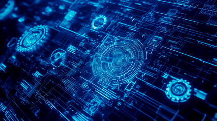 Blue digital background with gears and technical drawing elements