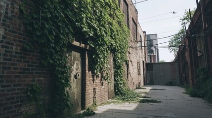 Fototapeta premium Ivy-Covered Brick Alleyway: A Serene Urban Oasis