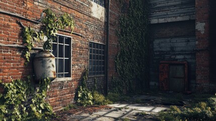 Naklejka premium Overgrown Industrial Ruin: A Glimpse into Decay and Nature's Reclaim