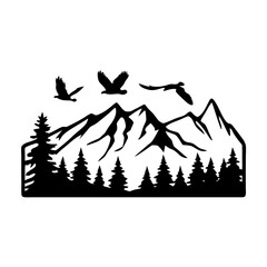 Majestic Mountain Landscape with Soaring Eagles and Evergreen Trees