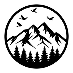 Majestic Mountain Landscape with Birds in Flight and Evergreen Trees