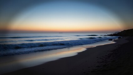 Obraz premium Seaside Dusk in Portugal Faro, stunning sunset over calm waters, light beige sand, scattered rocks, peaceful atmosphere. Concept of Seaside Dusk in Portugal Faro, tranquil landscape.