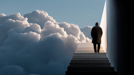 Ascending Journey: A solitary figure ascends a sunlit staircase towards the heavens, surrounded by a sea of fluffy clouds, evoking a sense of hope, ambition, and the pursuit of dreams. 