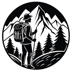 Silhouette Hiker with Backpack & Trekking Pole, Pine Trees, Mountain Landscape, Circle