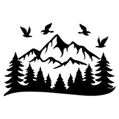 Obraz premium Majestic Mountain Landscape with Birds in Flight over Evergreen Trees