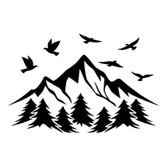 Majestic Mountain Peak with Birds in Flight over Evergreen Forest