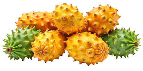 Fresh Ripe and Unripe Kiwano Horned Melons isolated on Transparent Background