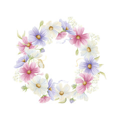 Pastel wildflowers round wreath watercolor illustration. Pastel pink, purple and white cosmos flowers crown with butterfly and ribbons. Spring garden blooming plants circle frame. Floral clip art