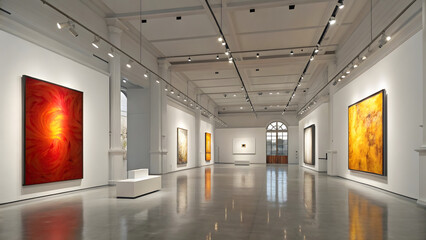 Modern Art Gallery Exhibition Red Yellow Paintings High-Quality Image