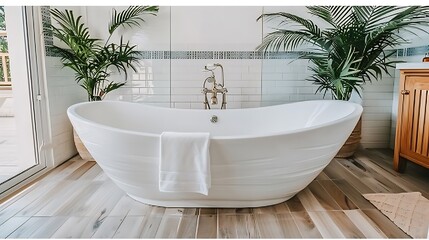 A pristine white freestanding soaking tub in a bright bathroom with tropical plants.