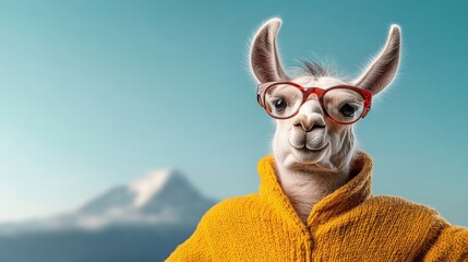 Llama wearing glasses and a yellow sweater. The llama is smiling and looking at the camera