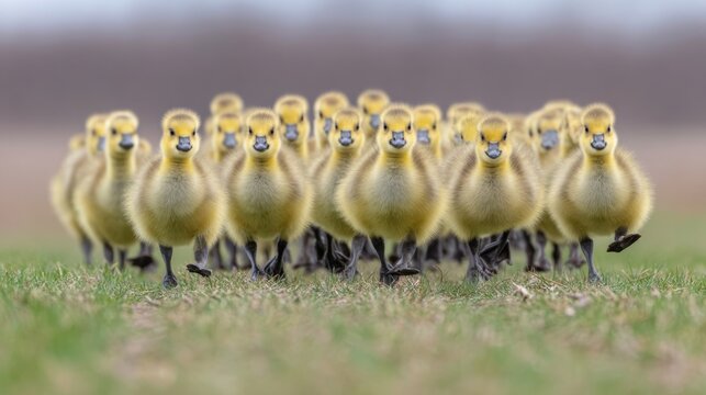 Group of baby ducks are running together in a field. The ducks are all yellow and appear to be in a line
