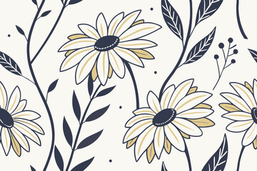 Minimalist sunflower floral vector with leafy botanical silhouettes, rustic hand drawn illustration perfect for eco decor and design assets