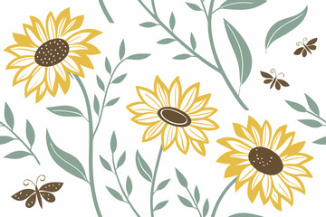 Hand drawn vector of sunflowers and foliage in black silhouette style, natural floral artwork for vintage print designs and rustic decor