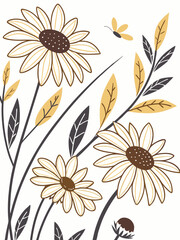 Nature-themed floral illustration of sunflower silhouettes, botanical vector for use in backgrounds, stationery, posters, and fabric designs