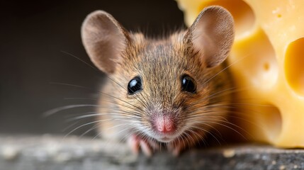Fototapeta premium Mouse is looking at the camera with its nose close to a piece of cheese. Concept of curiosity and hunger in the mouse