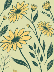 Decorative vector of sunflowers in silhouette botanical style, minimal line art for vintage design themes, packaging, and artistic prints