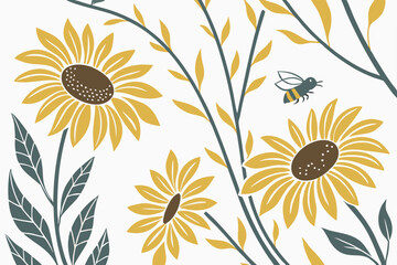 Botanical floral vector featuring sunflower silhouettes, natural black line art perfect for vintage wedding invites and handmade packaging
