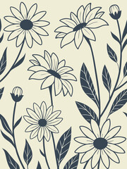 Black silhouette vector of blooming sunflowers and natural leaves, botanical floral art for minimalist packaging, backgrounds, and wallpaper patterns