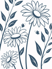 Botanical line art illustration of sunflowers and leaves, floral silhouette vector with rustic and natural style for cards, prints, and backgrounds