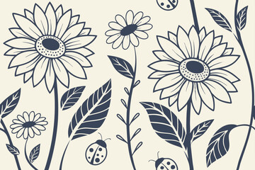 Decorative sunflower pattern in botanical line art style, black and beige silhouette flowers with nature-inspired floral elements for vector backgrounds and decor