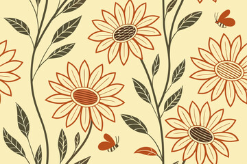 Elegant floral silhouette with blooming sunflowers and leafy branches, hand drawn botanical vector perfect for rustic and natural-themed wall art and prints