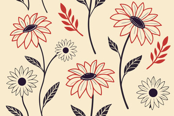 Vintage sunflower vector illustration in floral silhouette style with botanical stems and leaves, perfect for natural patterns and garden-themed decorative projects