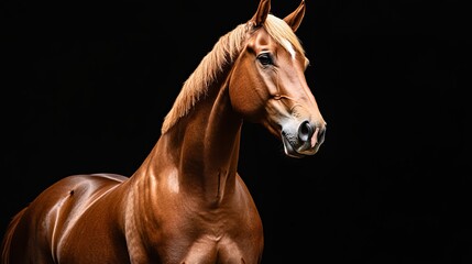 Obraz premium Portrait of a chestnut horse with a white blaze against a dark black studio background
