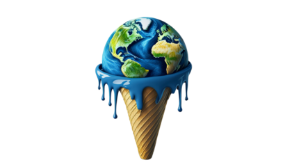 Global Warming Concept, Melting Earth globe like an ice cream cone, isolated on transparent background