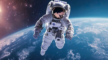 An astronaut floating in space, with a futuristic spacecraft and Earth visible in the background