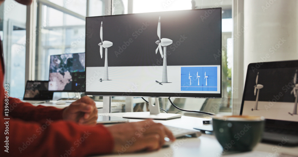 Poster screen, engineer and employee with computer, hands and plan for windmill design, online or renewable