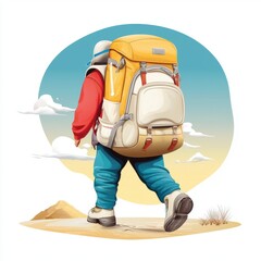 Obraz premium Backpacker Illustration in Desert Landscape with Large Yellow Backpack