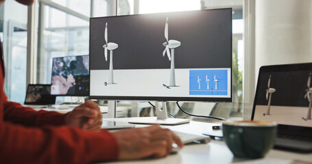 Screen, engineer and employee with computer, hands and plan for windmill design, online or renewable energy. Office, designer and person with tech for wind turbine, economic benefits and eco friendly