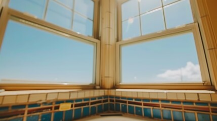 Obraz premium A corner window with a view of a clear blue sky.