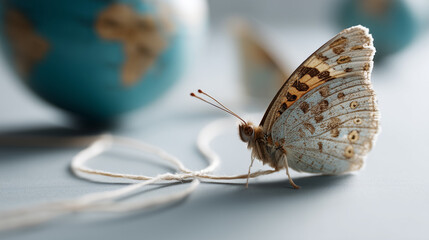 Obraz premium A Butterfly's Global Embrace: A delicate butterfly perches gracefully on a string, with a blurred globe subtly in the background, evoking themes of travel, exploration.